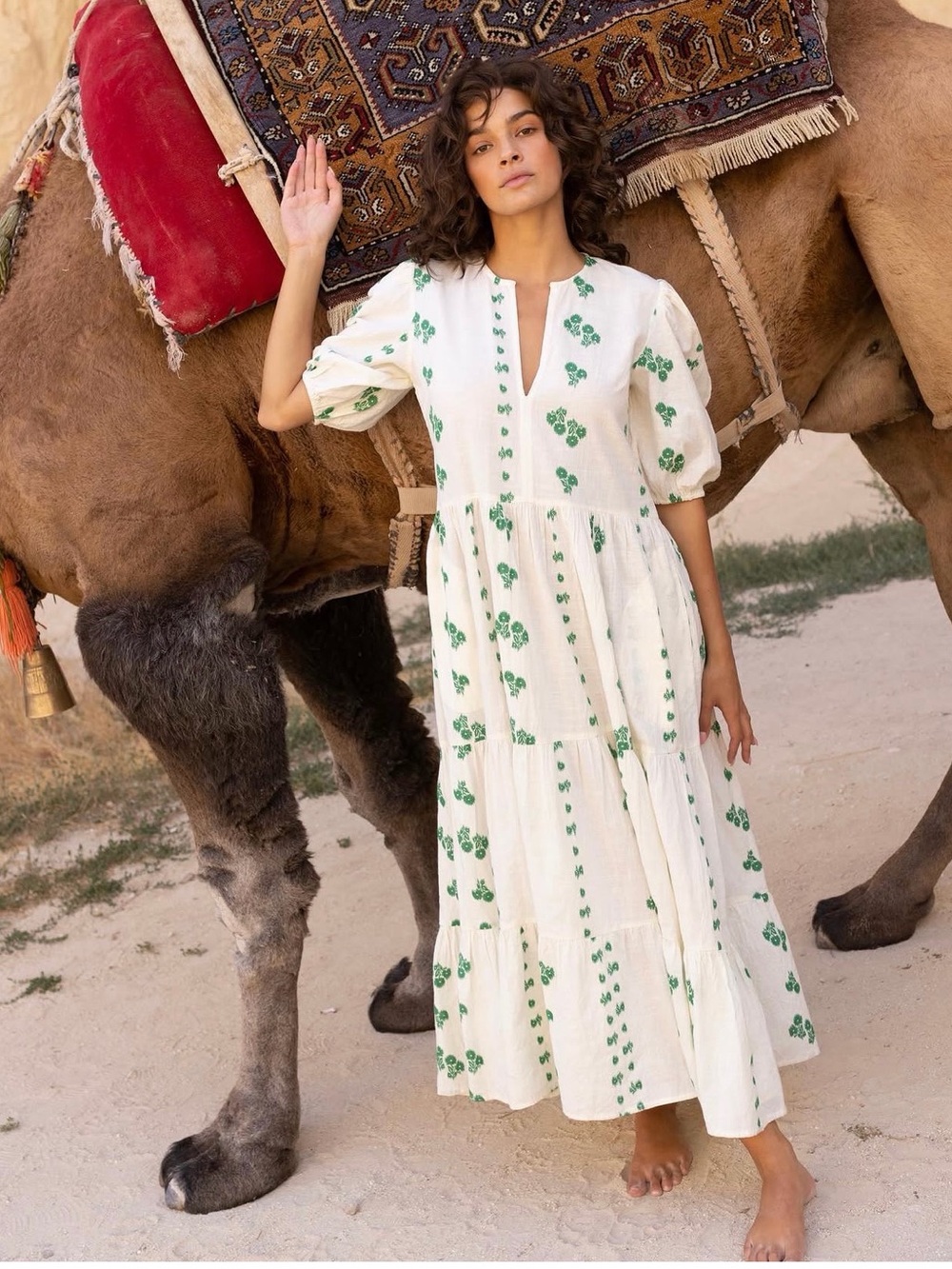 Oliphant Cream Maxi Dress with Green Floral Print